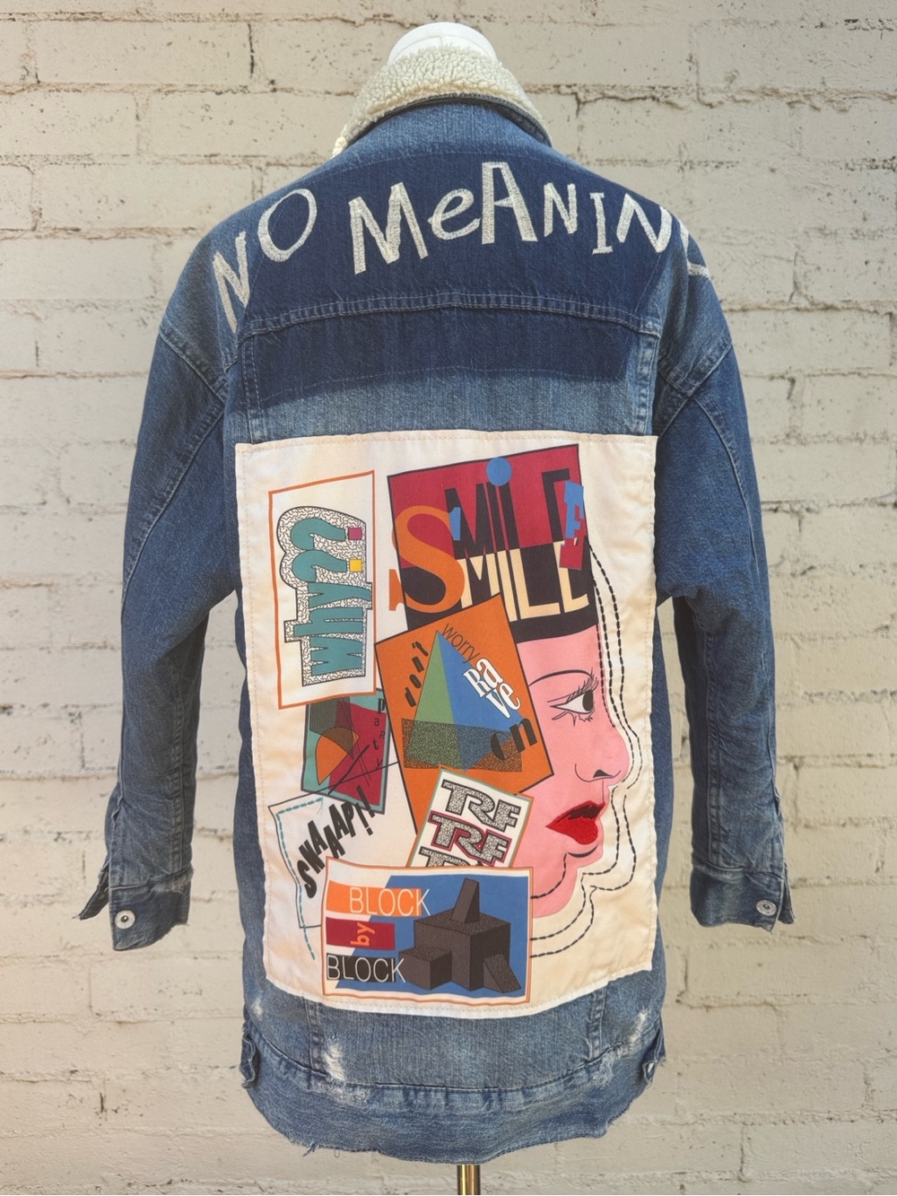 Zara Trafaluc denimwear Jacket Coat Distressed Patchwork Sherpa Size S